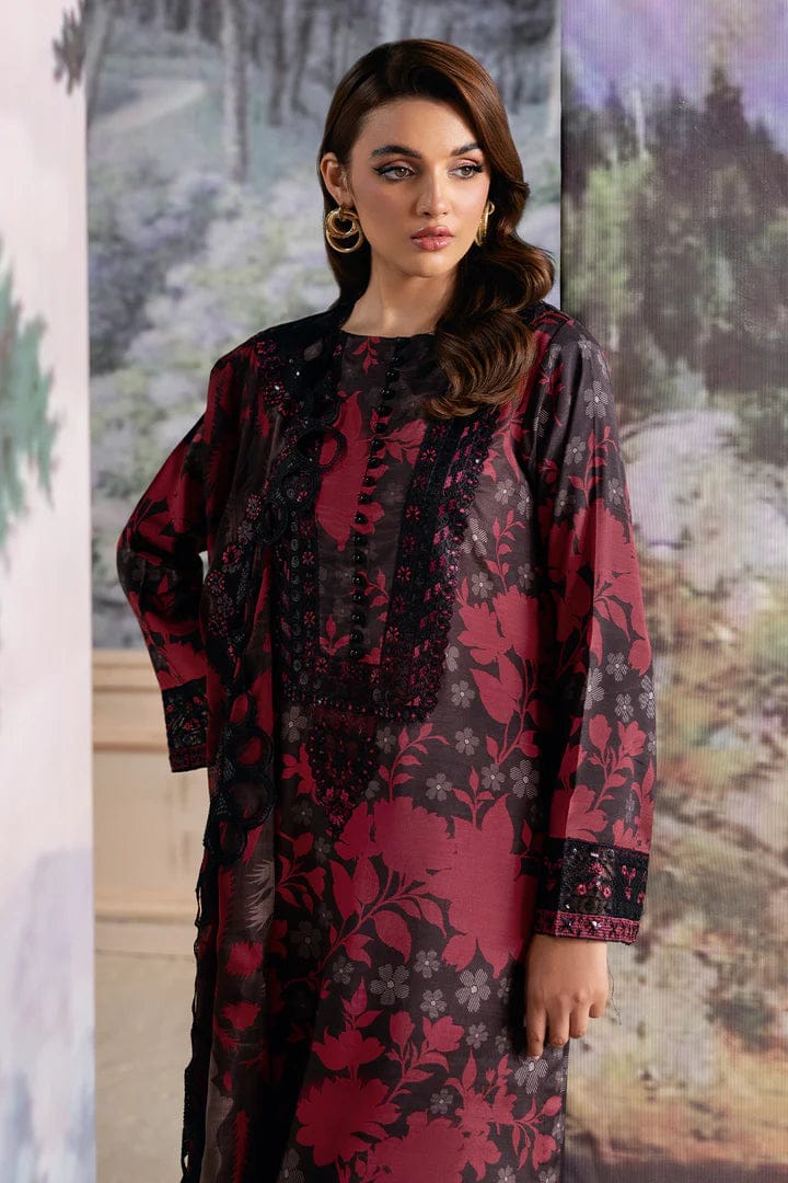 Nayab | Black &amp; Maroon Floral Printed Lawn 3-Piece Unstitched Suit with Digital Chiffon Dupatta