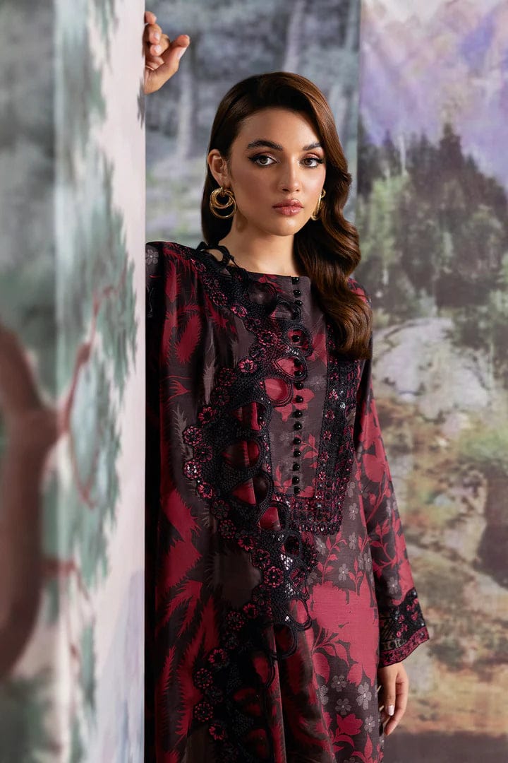 Nayab | Black &amp; Maroon Floral Printed Lawn 3-Piece Unstitched Suit with Digital Chiffon Dupatta