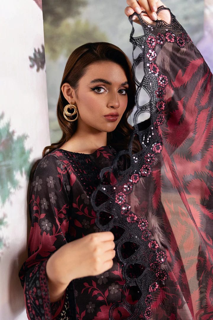 Nayab | Black &amp; Maroon Floral Printed Lawn 3-Piece Unstitched Suit with Digital Chiffon Dupatta