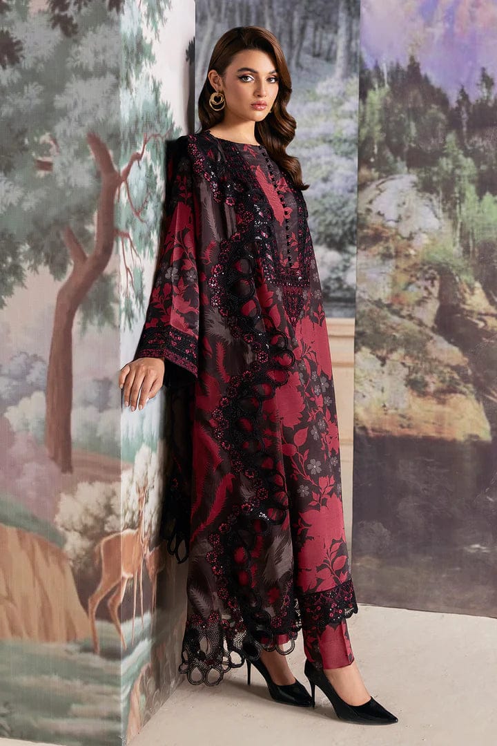 Nayab | Black &amp; Maroon Floral Printed Lawn 3-Piece Unstitched Suit with Digital Chiffon Dupatta
