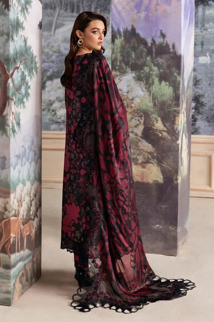 Nayab | Black &amp; Maroon Floral Printed Lawn 3-Piece Unstitched Suit with Digital Chiffon Dupatta
