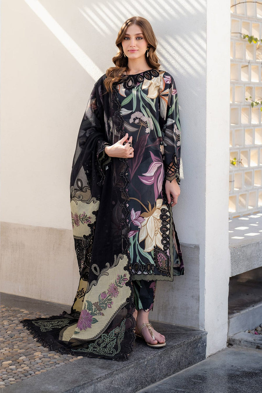 Nayab | Black Floral Printed Lawn 3-Piece Unstitched Suit with Digital Chiffon Dupatta