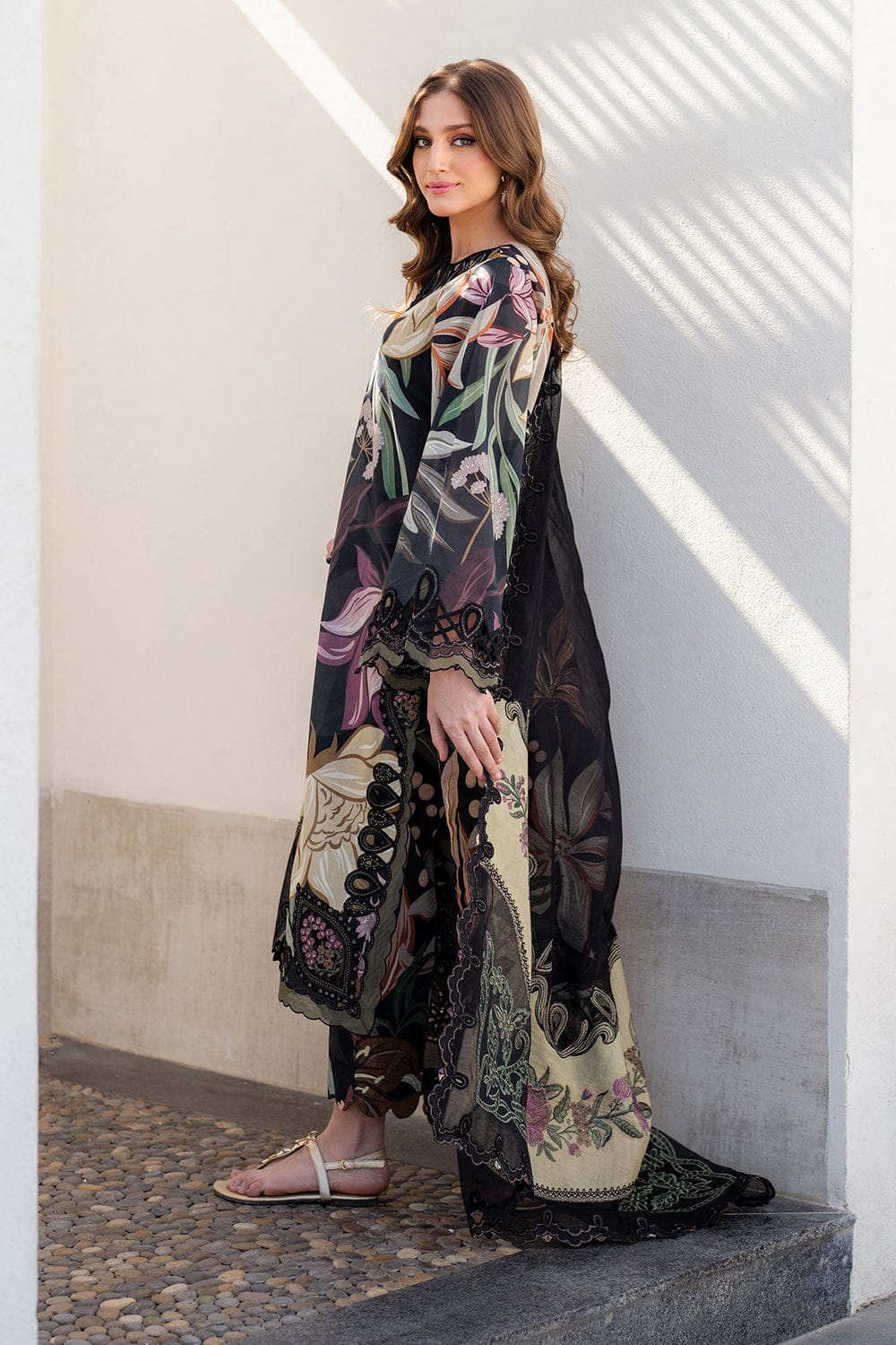 Nayab | Black Floral Printed Lawn 3-Piece Unstitched Suit with Digital Chiffon Dupatta