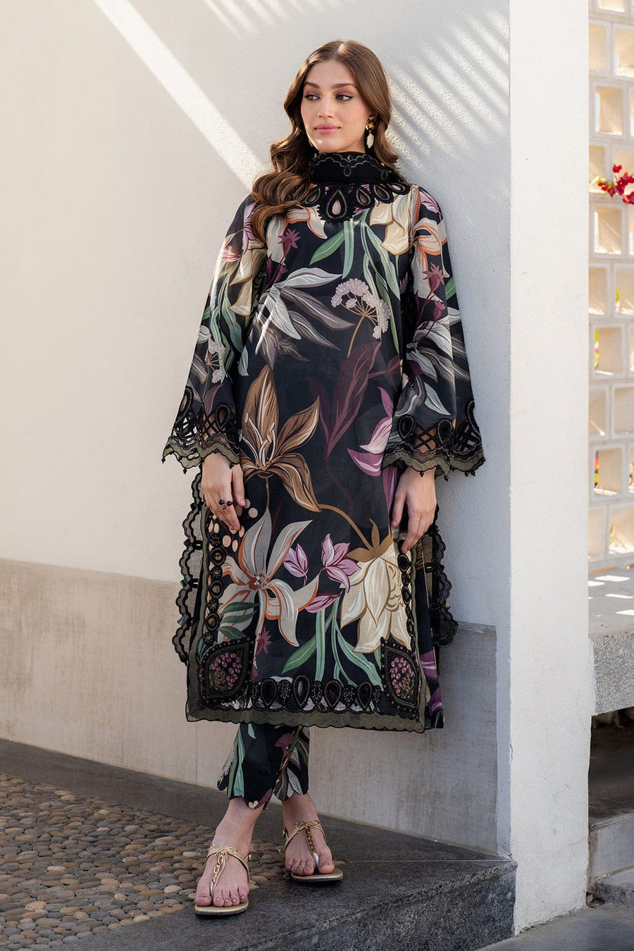 Nayab | Black Floral Printed Lawn 3-Piece Unstitched Suit with Digital Chiffon Dupatta