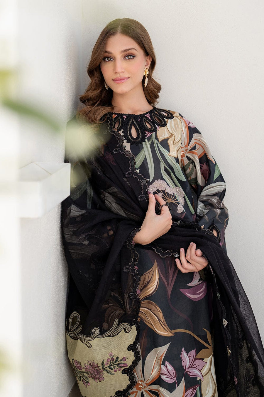 Nayab | Black Floral Printed Lawn 3-Piece Unstitched Suit with Digital Chiffon Dupatta