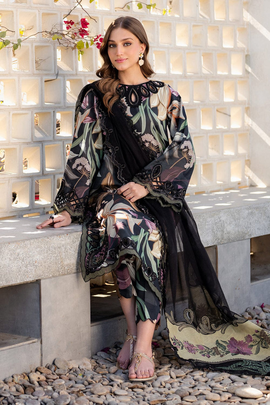 Nayab | Black Floral Printed Lawn 3-Piece Unstitched Suit with Digital Chiffon Dupatta