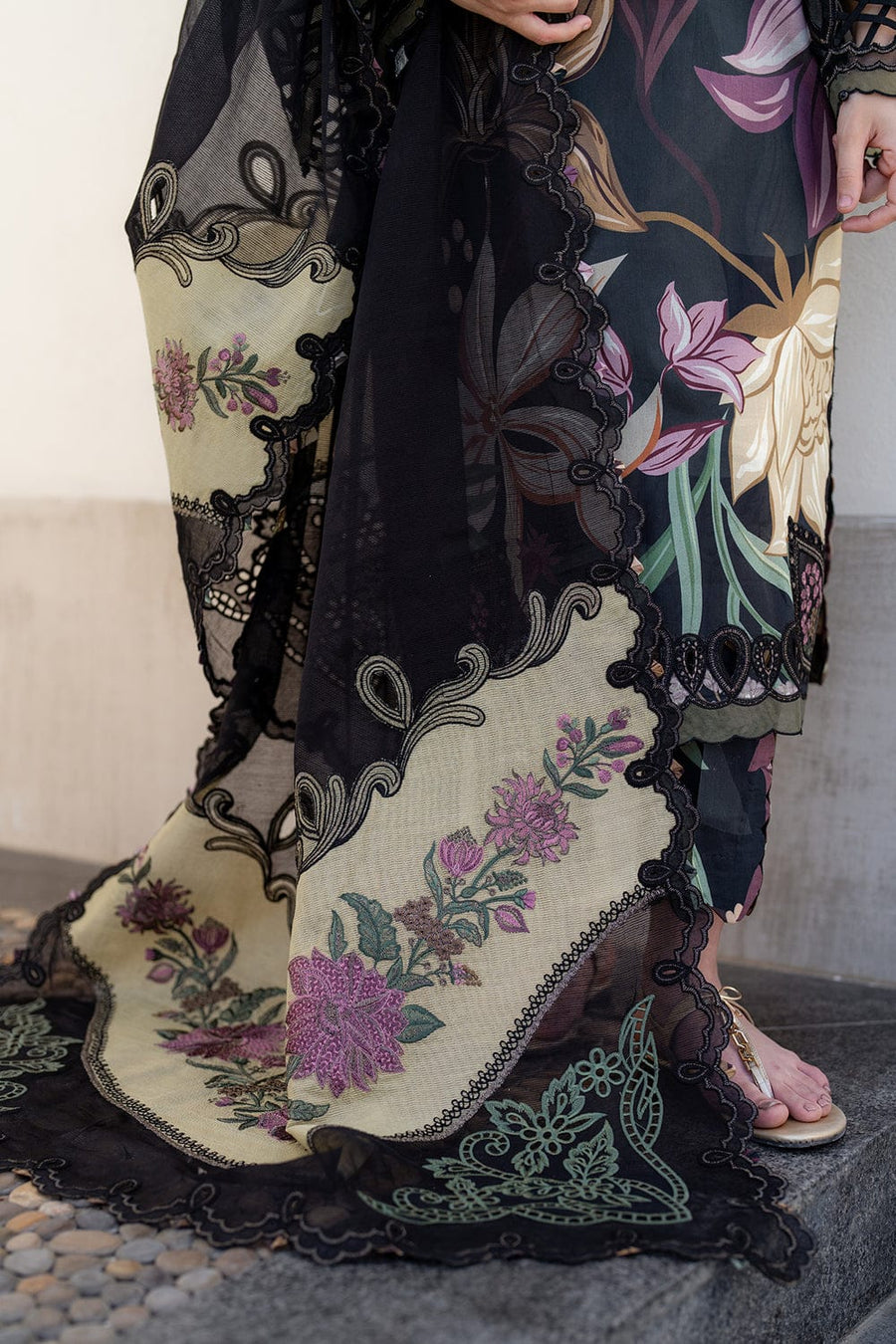 Nayab | Black Floral Printed Lawn 3-Piece Unstitched Suit with Digital Chiffon Dupatta