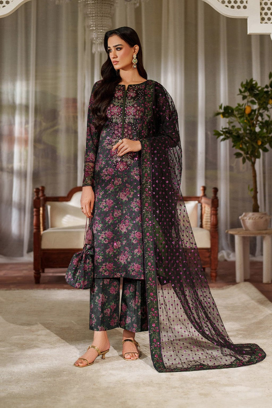 Nayab | Black Floral Printed Lawn 3-Piece Unstitched Suit with Digital Chiffon Dupatta