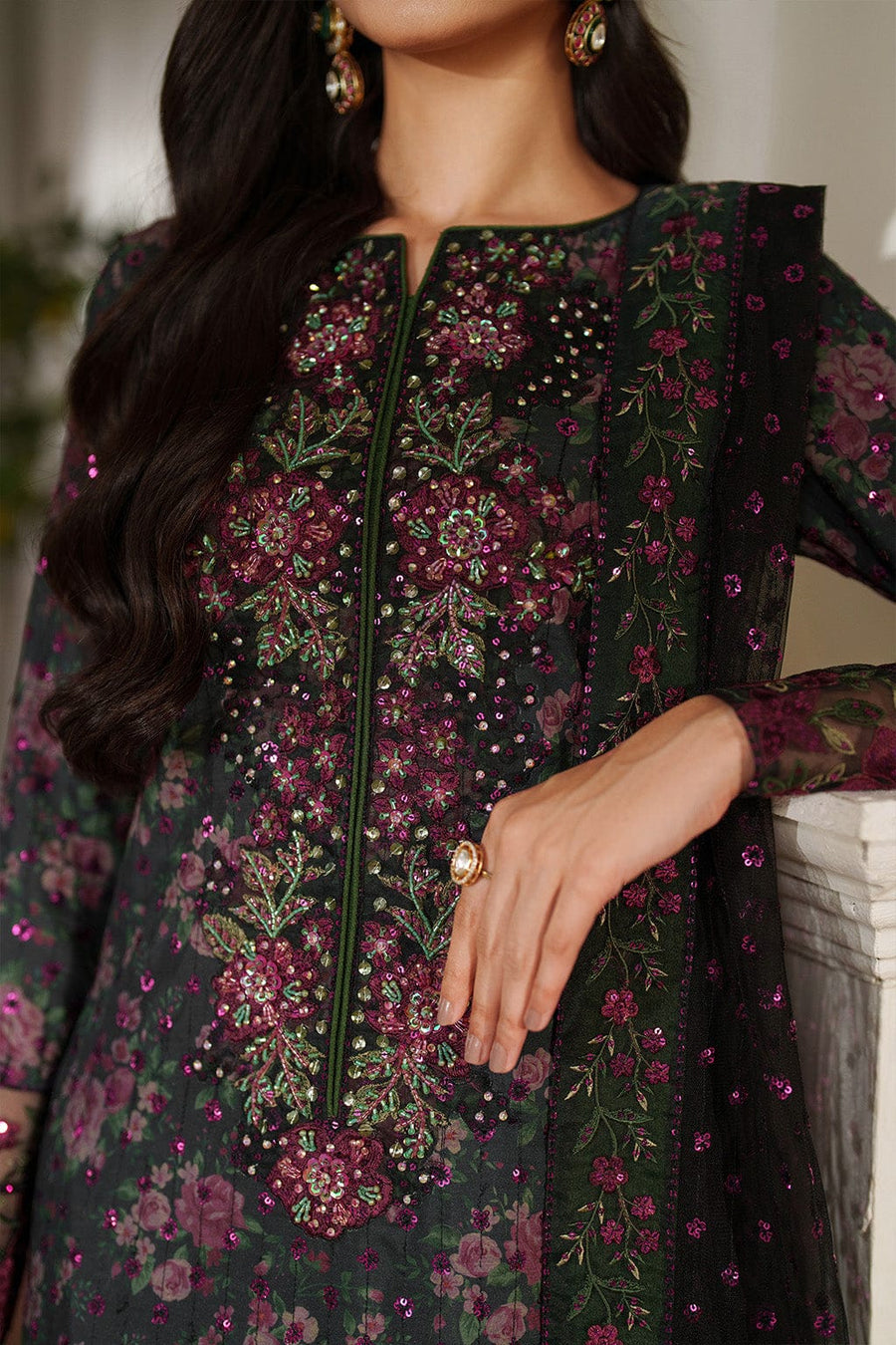 Nayab | Black Floral Printed Lawn 3-Piece Unstitched Suit with Digital Chiffon Dupatta