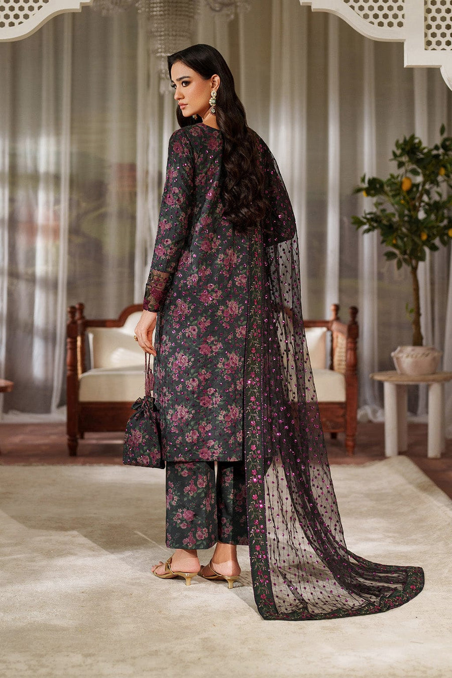 Nayab | Black Floral Printed Lawn 3-Piece Unstitched Suit with Digital Chiffon Dupatta