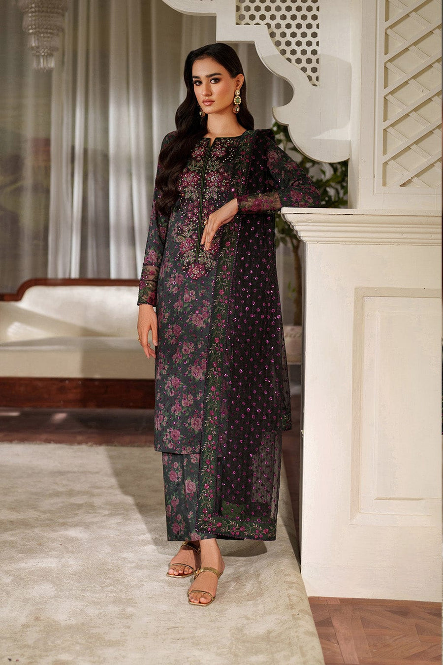Nayab | Black Floral Printed Lawn 3-Piece Unstitched Suit with Digital Chiffon Dupatta
