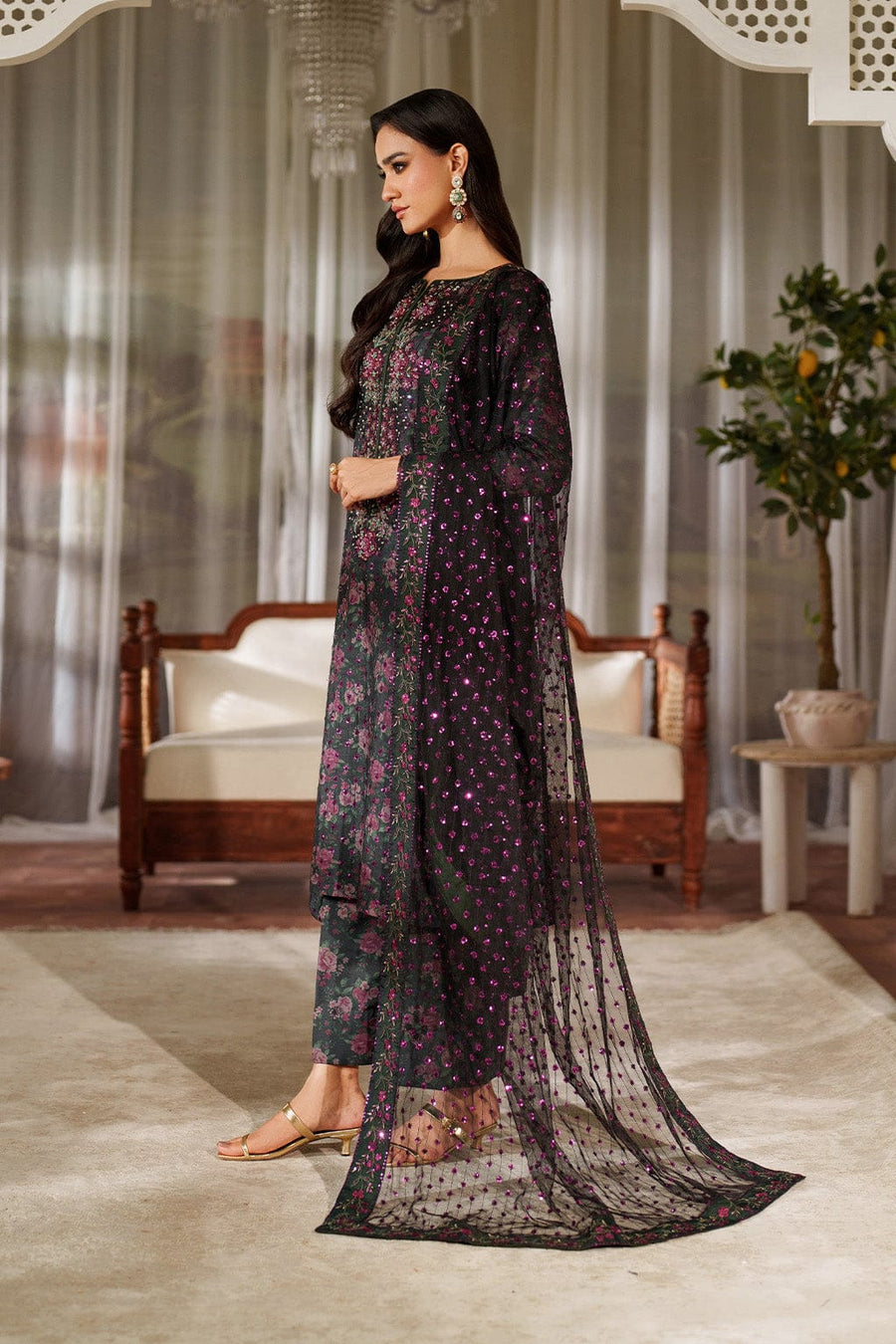 Nayab | Black Floral Printed Lawn 3-Piece Unstitched Suit with Digital Chiffon Dupatta