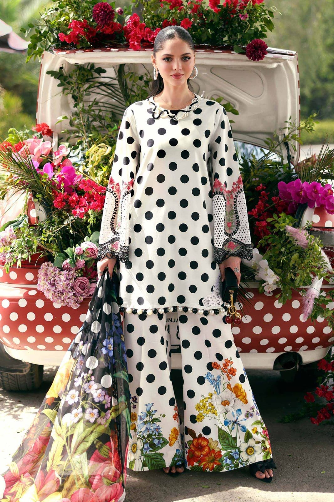 Nayab | White Polka Dot Printed Lawn 3-Piece Unstitched Suit with Digital Chiffon Dupatta