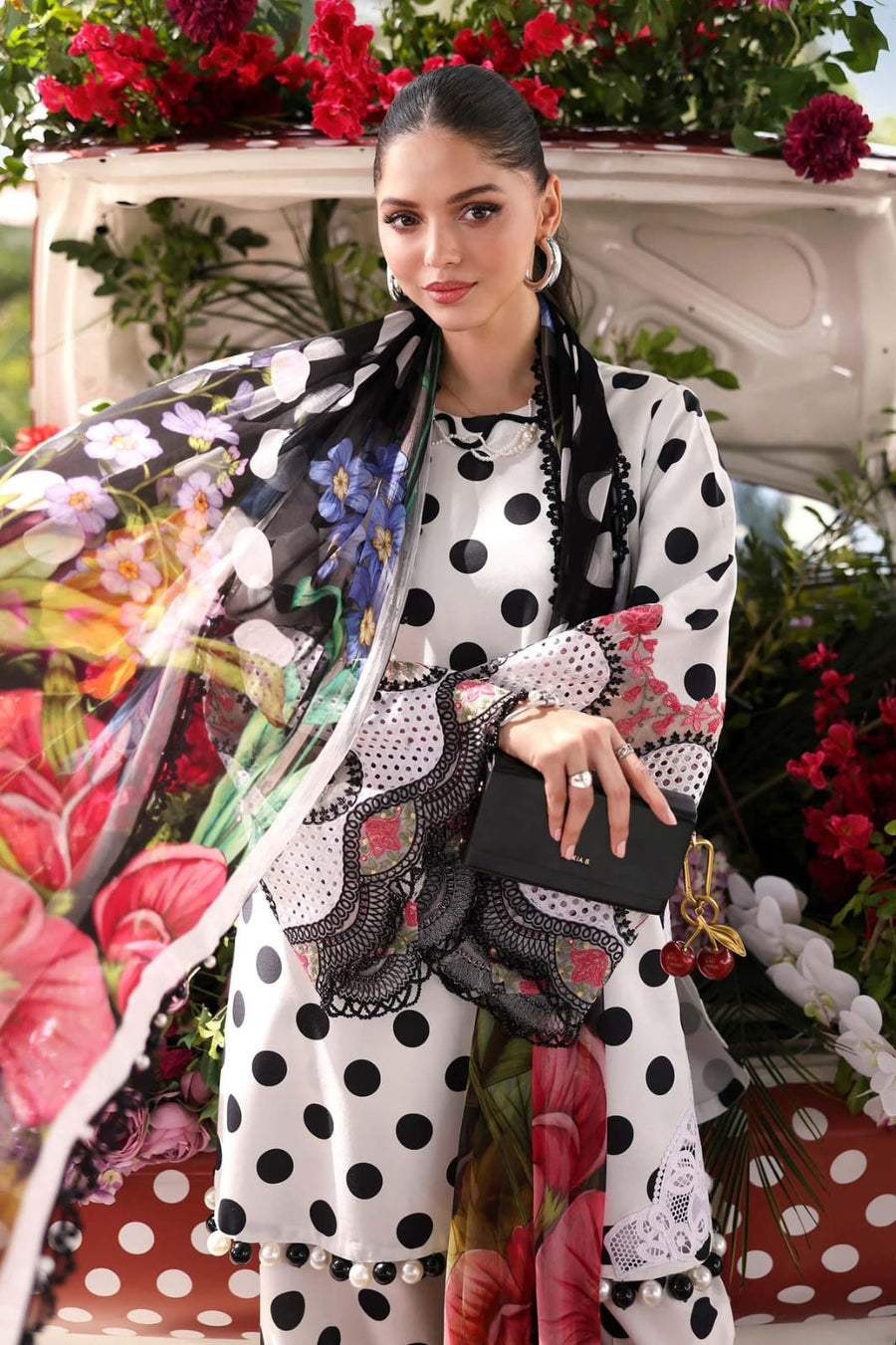 Nayab | White Polka Dot Printed Lawn 3-Piece Unstitched Suit with Digital Chiffon Dupatta