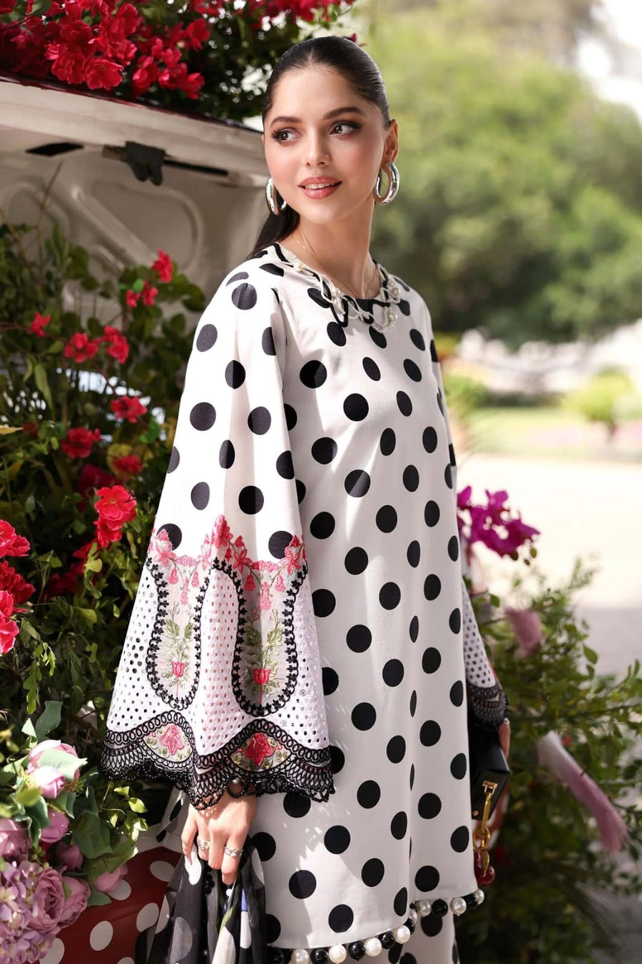 Nayab | White Polka Dot Printed Lawn 3-Piece Unstitched Suit with Digital Chiffon Dupatta