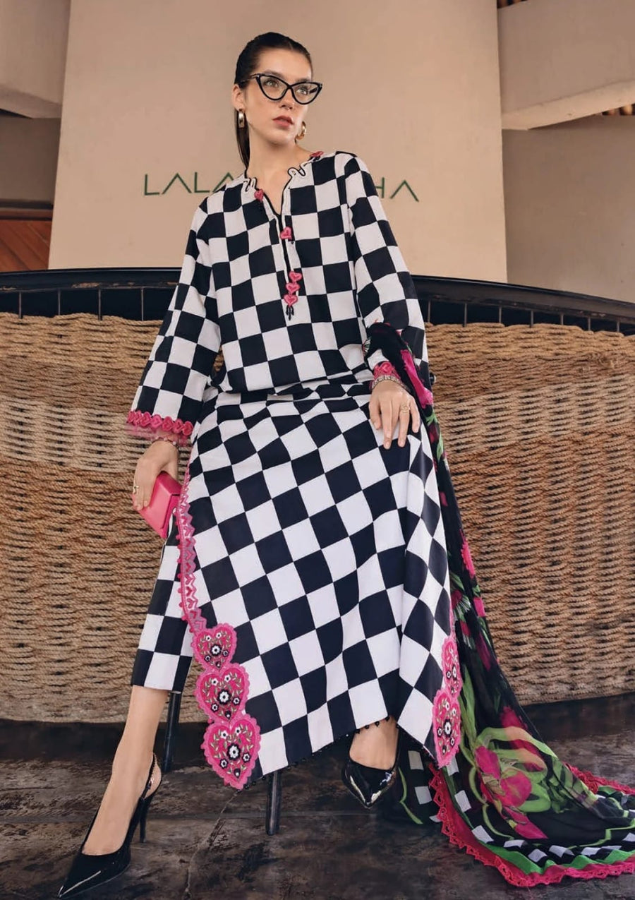 Nayab | Black &amp; White Checkered Printed Lawn 3-Piece Unstitched Suit with Digital Chiffon Dupatta