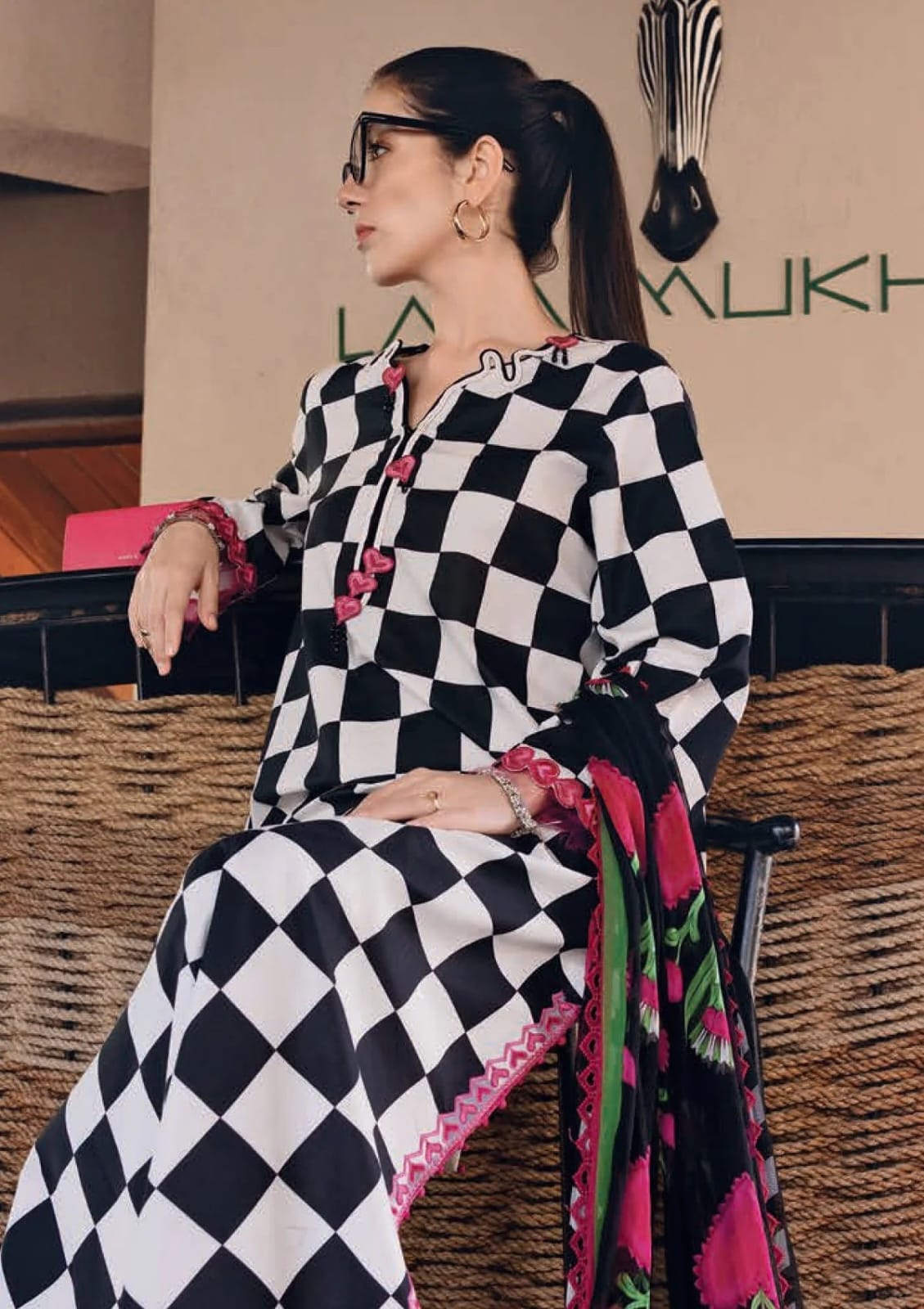 Nayab | Black &amp; White Checkered Printed Lawn 3-Piece Unstitched Suit with Digital Chiffon Dupatta