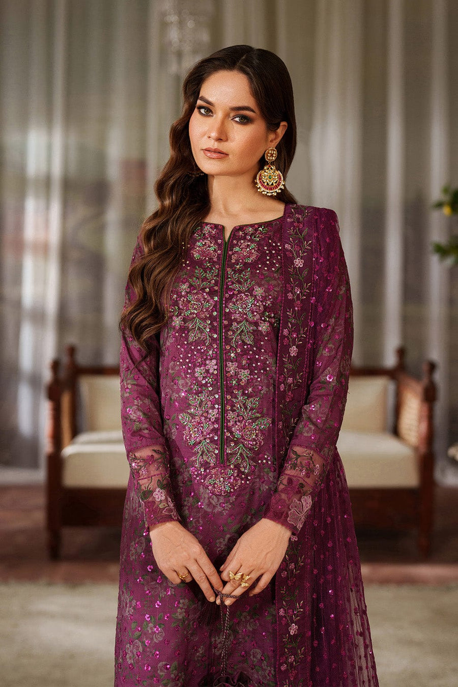 Nayab | Plum Floral Printed Lawn 3-Piece Unstitched Suit with Digital Chiffon Dupatta