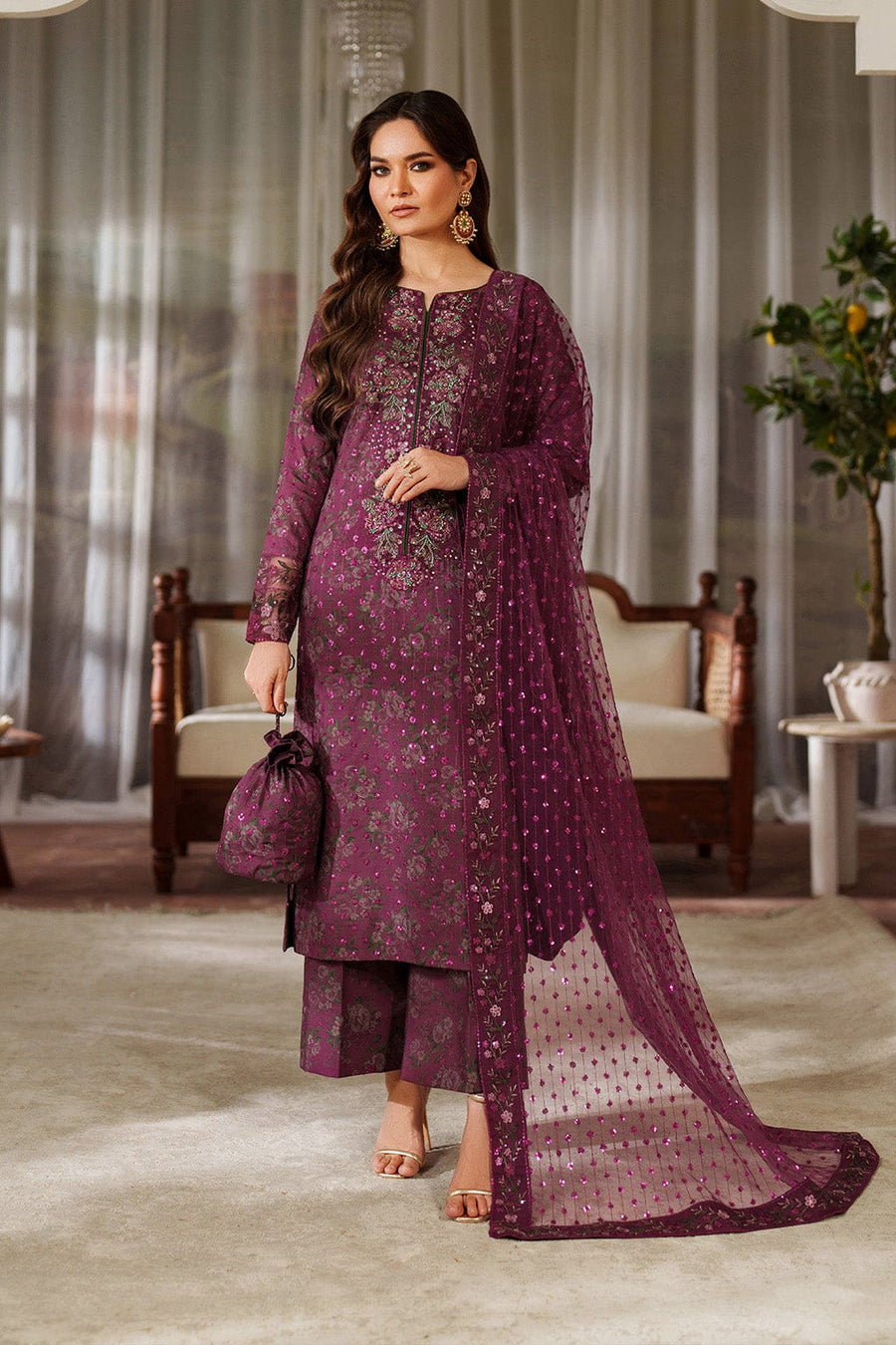 Nayab | Plum Floral Printed Lawn 3-Piece Unstitched Suit with Digital Chiffon Dupatta