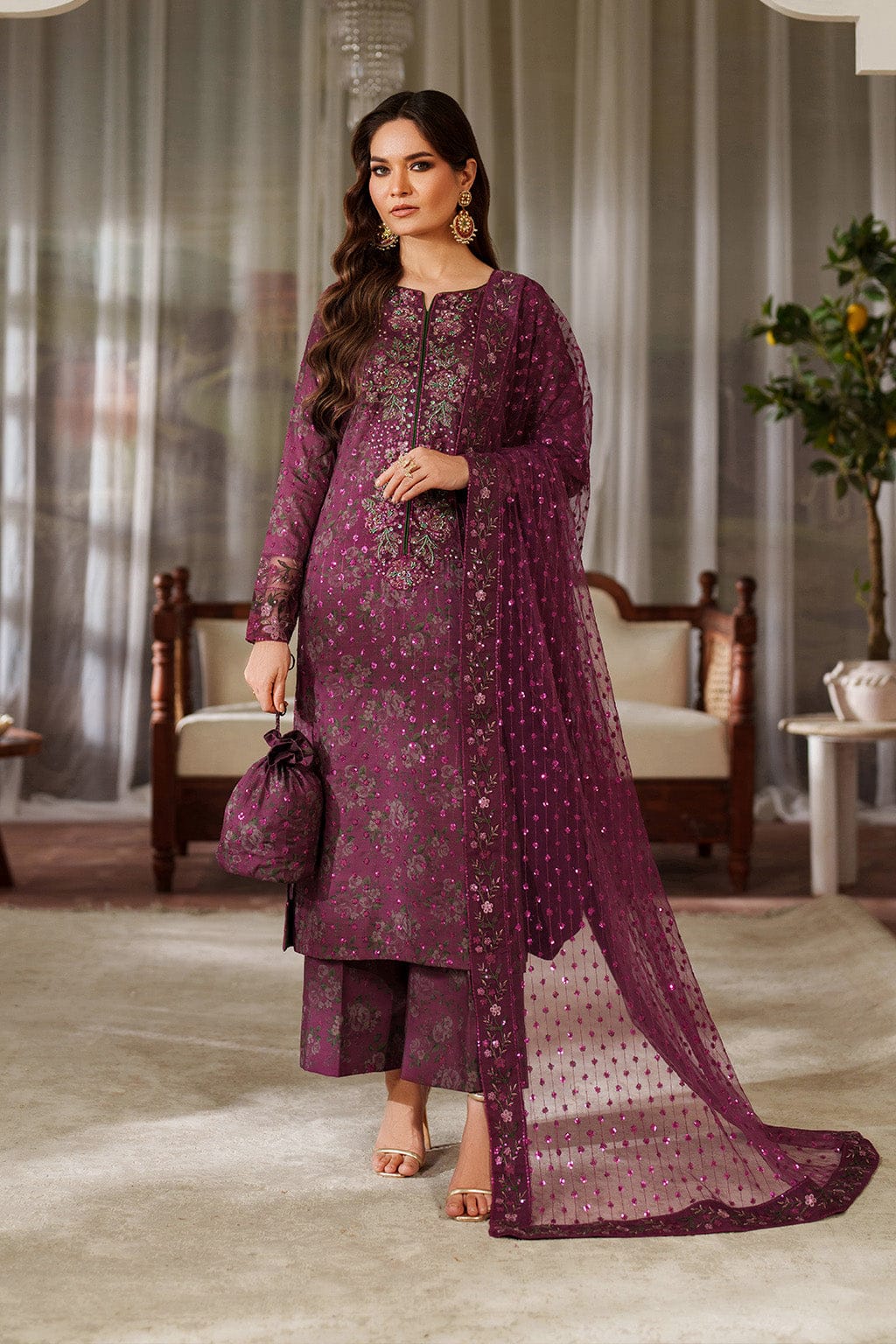 Nayab | Plum Floral Printed Lawn 3-Piece Unstitched Suit with Digital Chiffon Dupatta