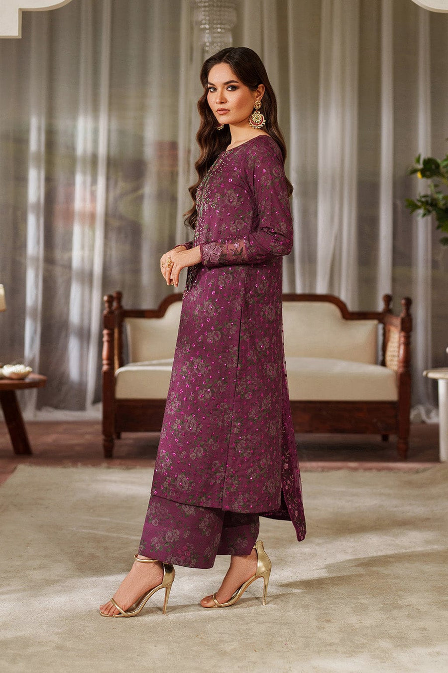 Nayab | Plum Floral Printed Lawn 3-Piece Unstitched Suit with Digital Chiffon Dupatta