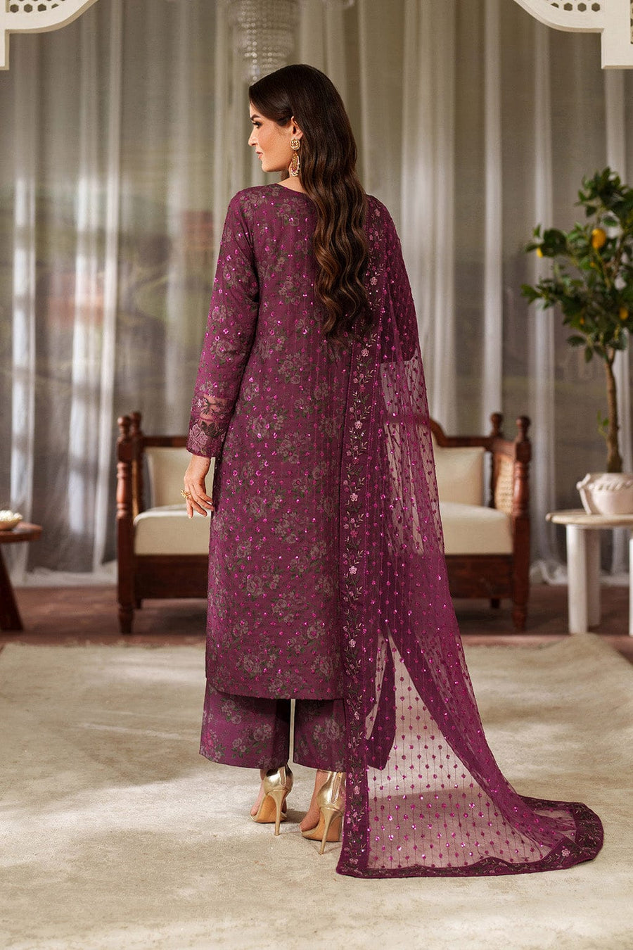 Nayab | Plum Floral Printed Lawn 3-Piece Unstitched Suit with Digital Chiffon Dupatta