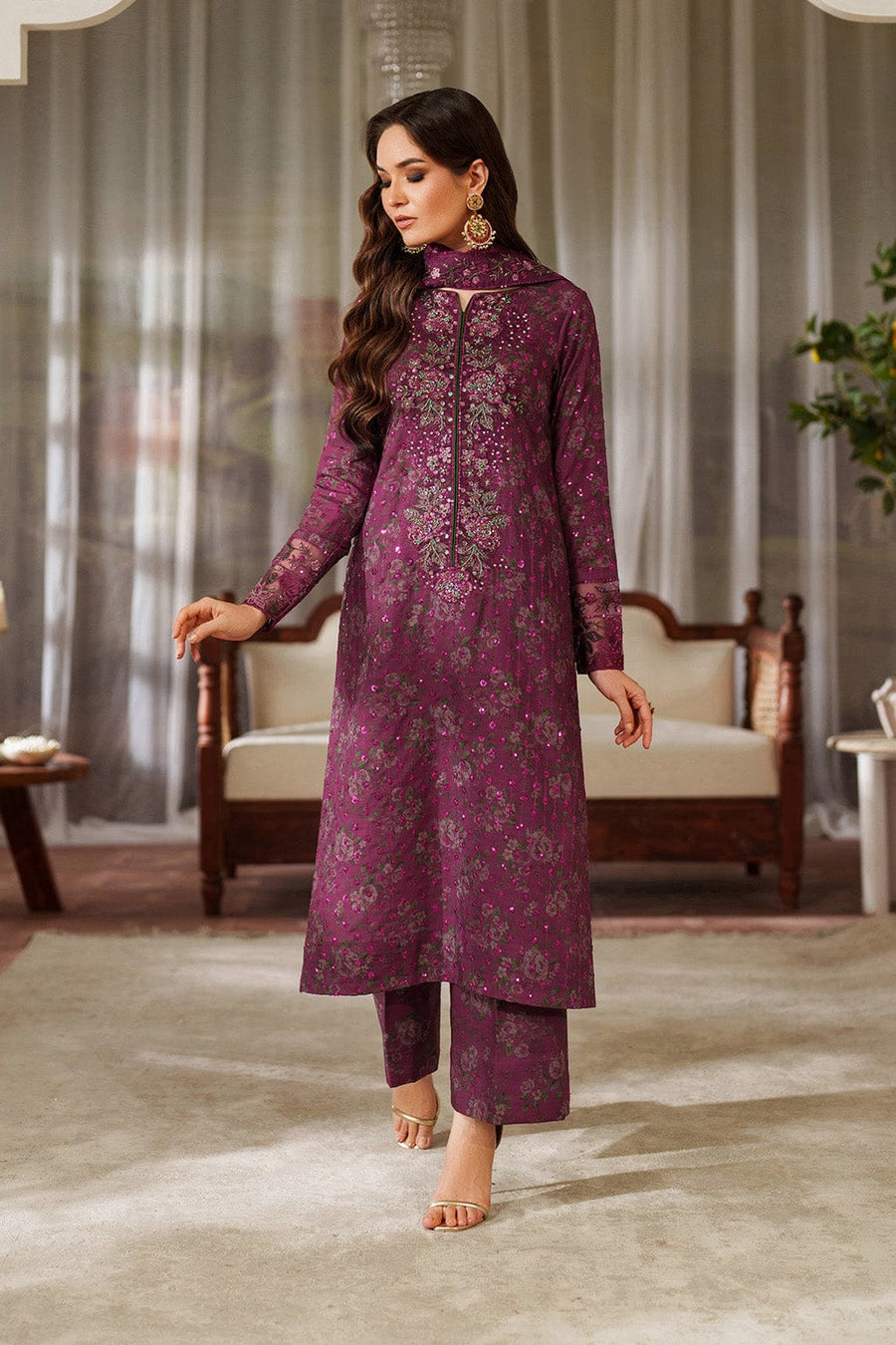 Nayab | Plum Floral Printed Lawn 3-Piece Unstitched Suit with Digital Chiffon Dupatta