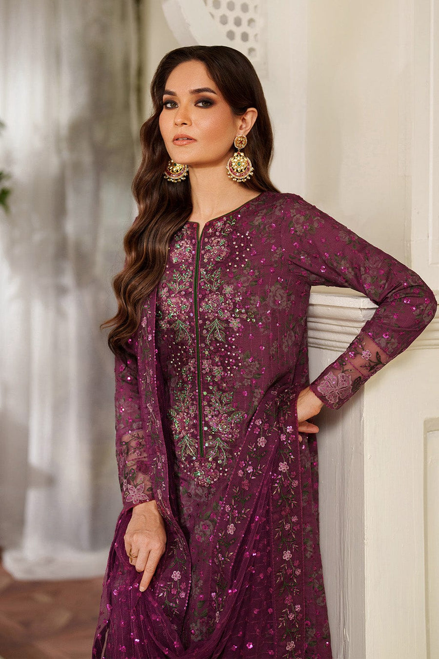 Nayab | Plum Floral Printed Lawn 3-Piece Unstitched Suit with Digital Chiffon Dupatta