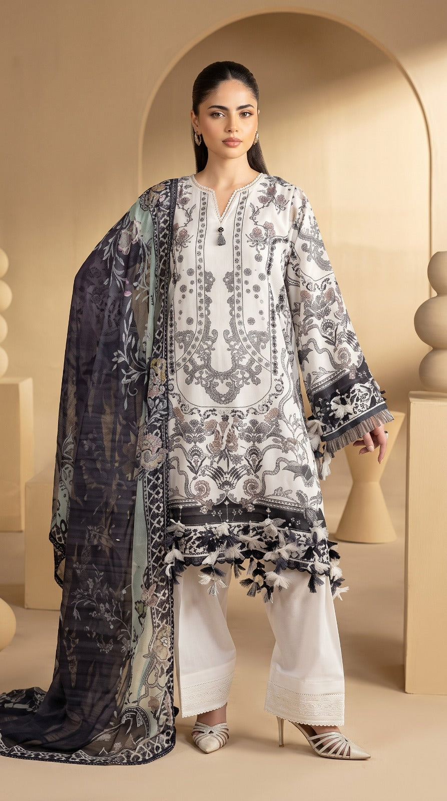 Nayab | White &amp; Black Digital Printed Lawn 3-Piece Unstitched Suit with Bamber Chiffon Dupatta