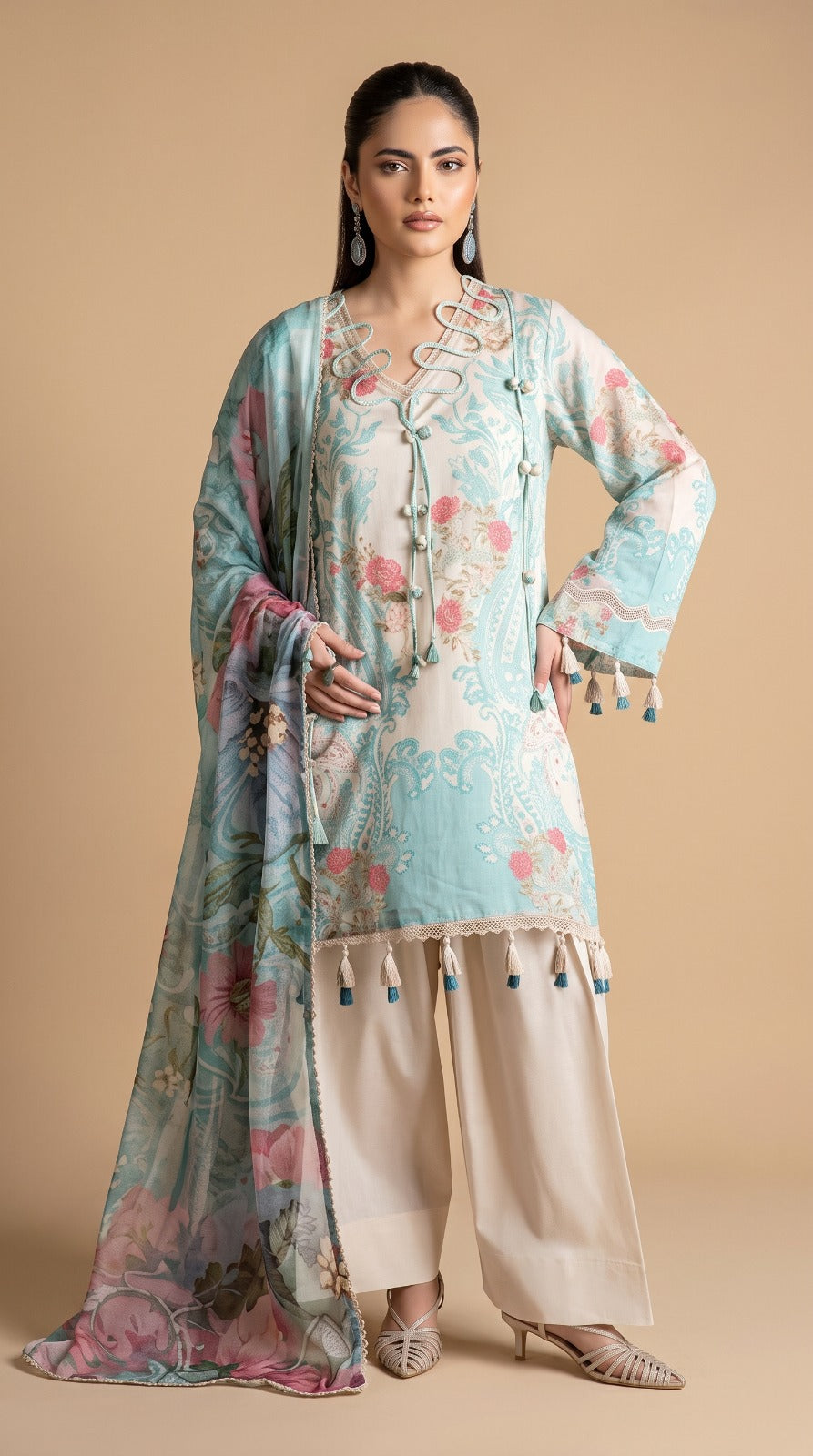 Nayab Pearl Print Digital Printed Lawn 3-Piece Suit – Aqua Blue | Article 11