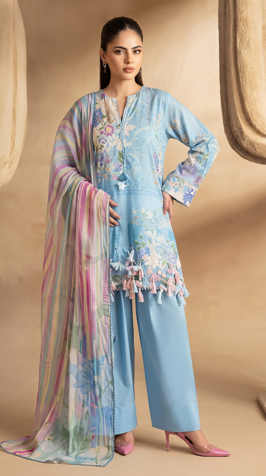 Nayab Pearl Print Digital Printed Lawn 3-Piece Suit – Sky Blue | Article 03