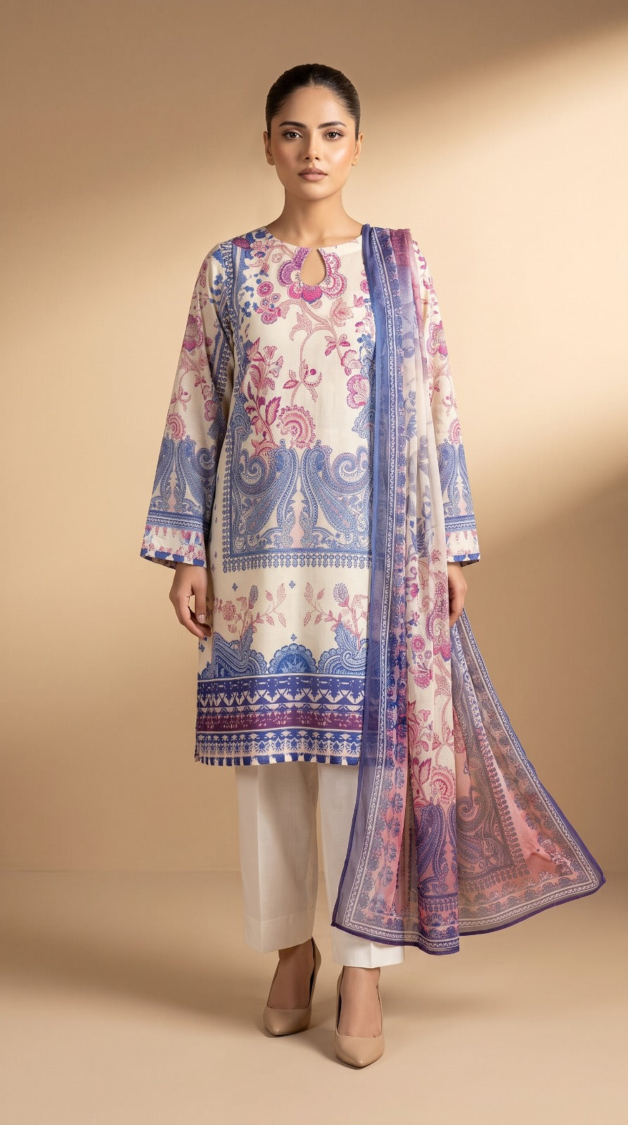 Nayab Pearl Print Digital Printed Lawn 3-Piece Suit – Ivory Blue | Article 12