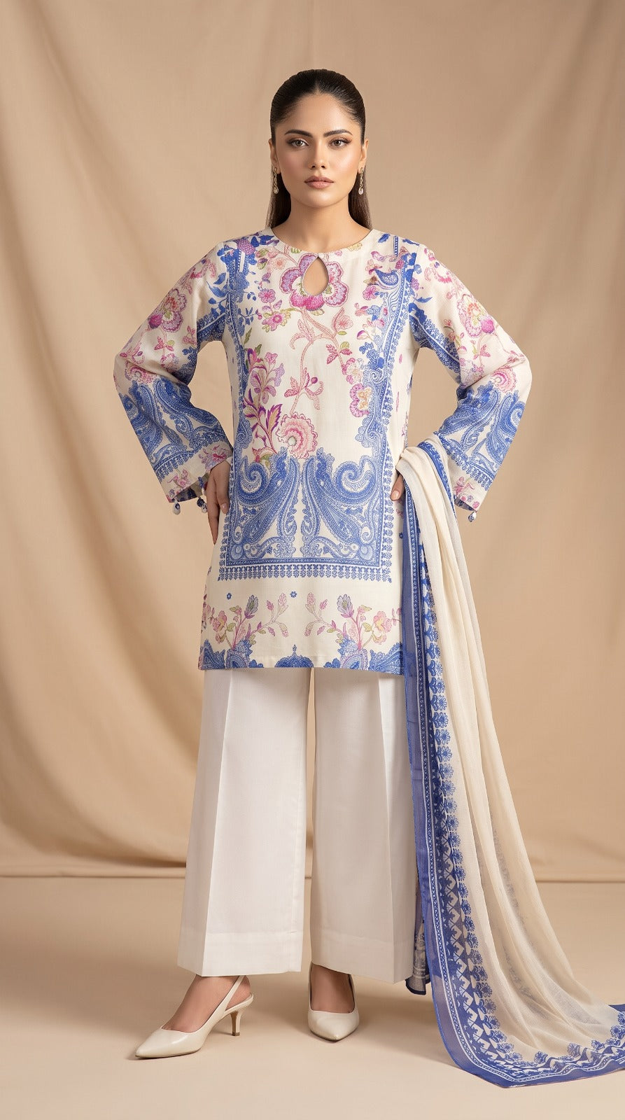 Nayab Pearl Print Digital Printed Lawn 3-Piece Suit – Ivory Blue | Article 12