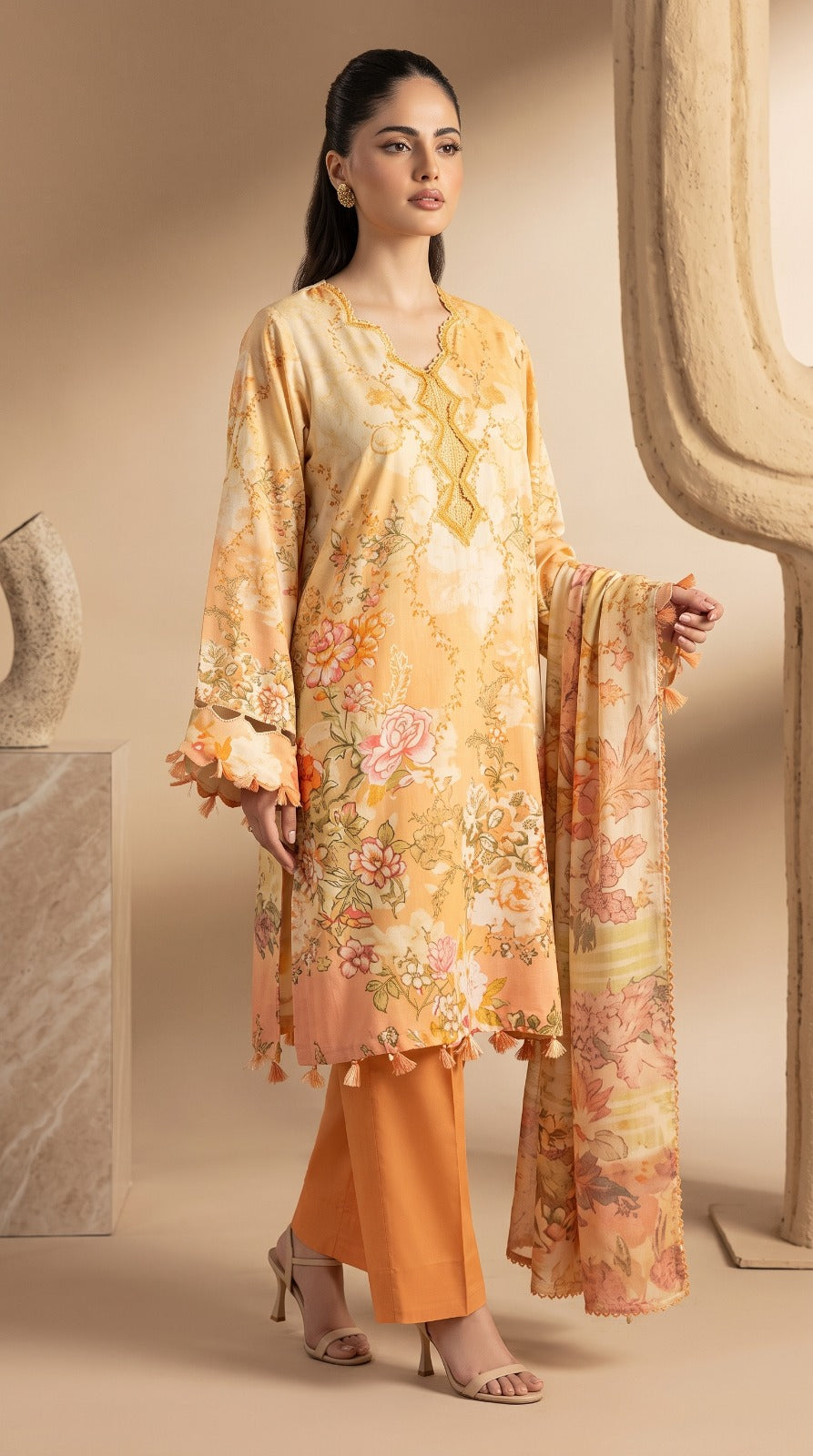 Nayab Pearl Print Digital Printed Lawn 3-Piece Suit – Mustard Gold | Article 08