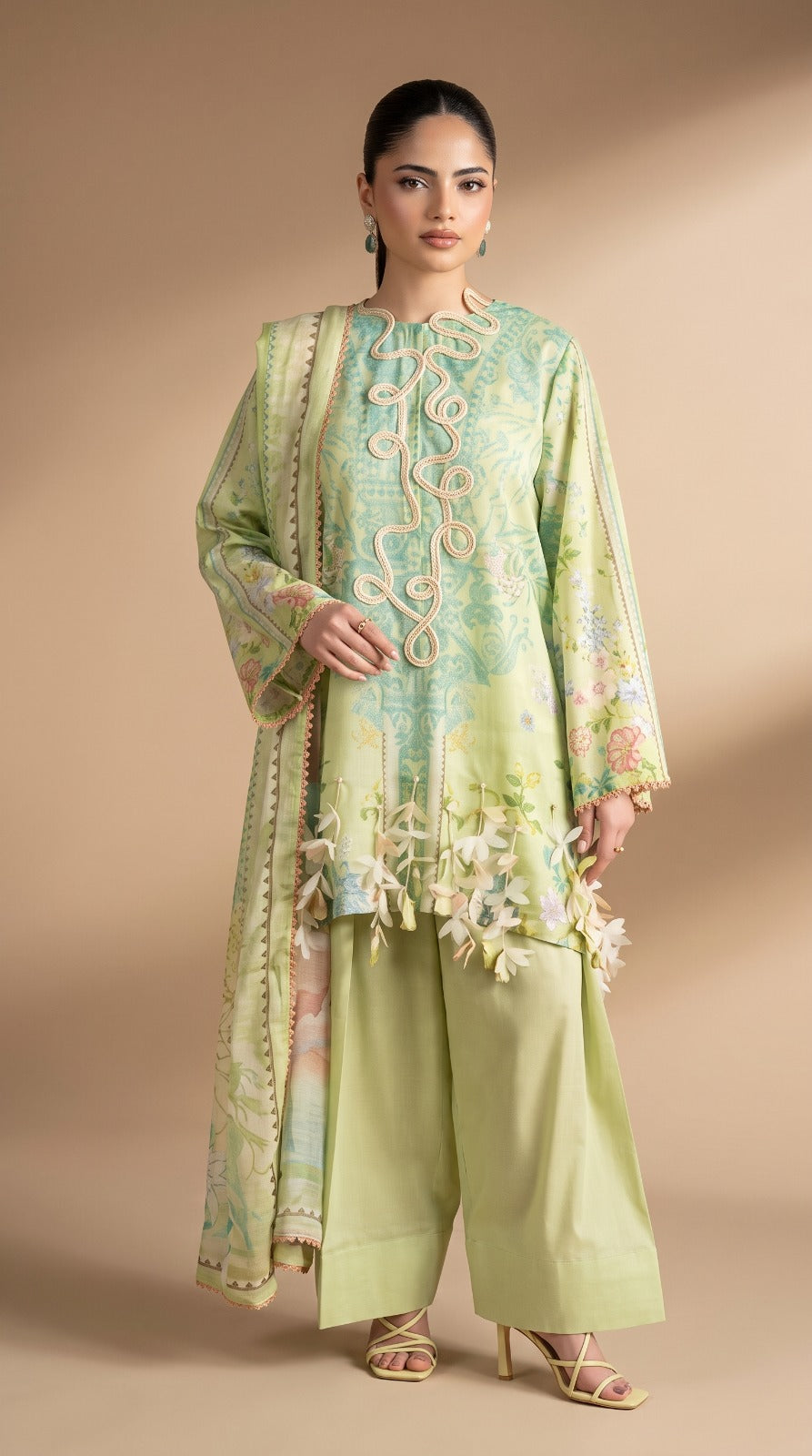 Nayab Pearl Print Digital Printed Lawn 3-Piece Suit – Lime Green | Article 09