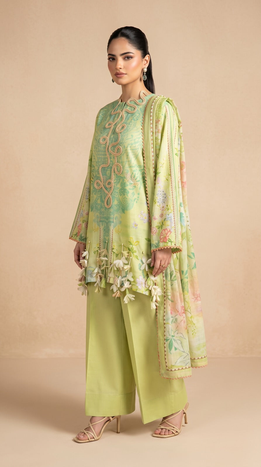 Nayab Pearl Print Digital Printed Lawn 3-Piece Suit – Lime Green | Article 09