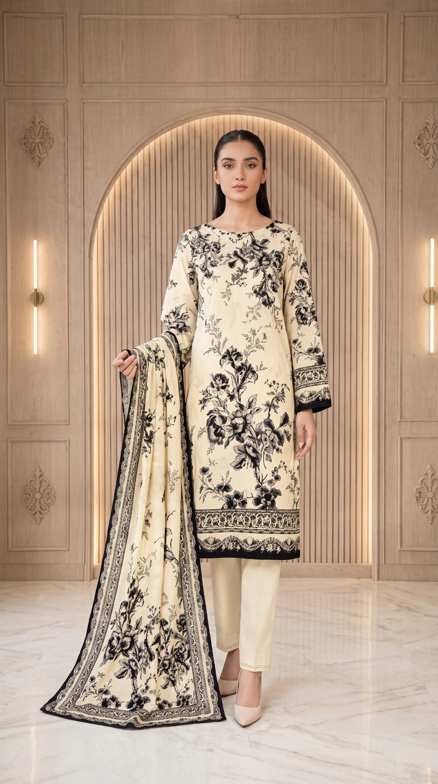 Nayab Premium Digital Printed Lawn 3-Piece Suit – Cream & Black Floral | Design MNH001