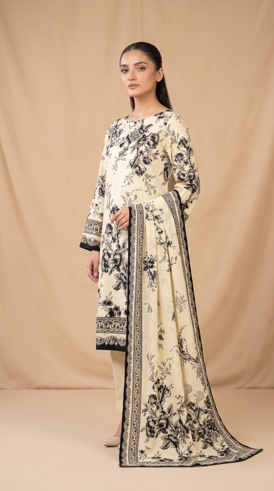 Nayab Premium Digital Printed Lawn 3-Piece Suit – Cream & Black Floral | Design MNH001