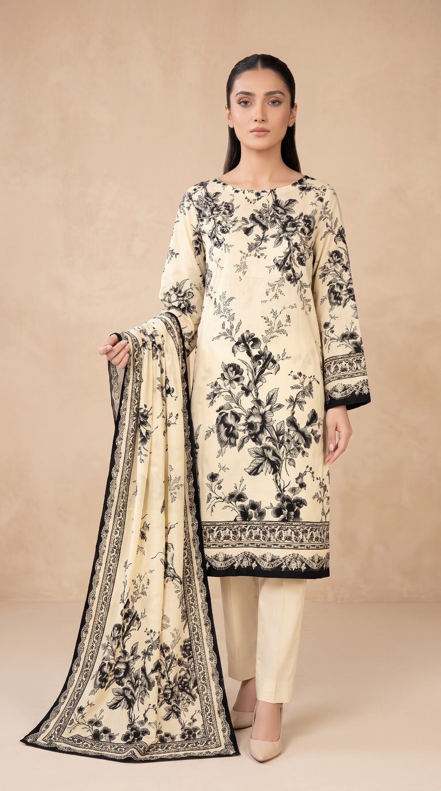 Nayab Premium Digital Printed Lawn 3-Piece Suit – Cream & Black Floral | Design MNH001