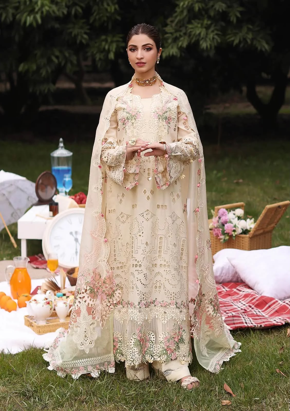 Luxury Premium Lawn Embroidered 3 Piece Suit with Cotton Net Embroidered Dupatta