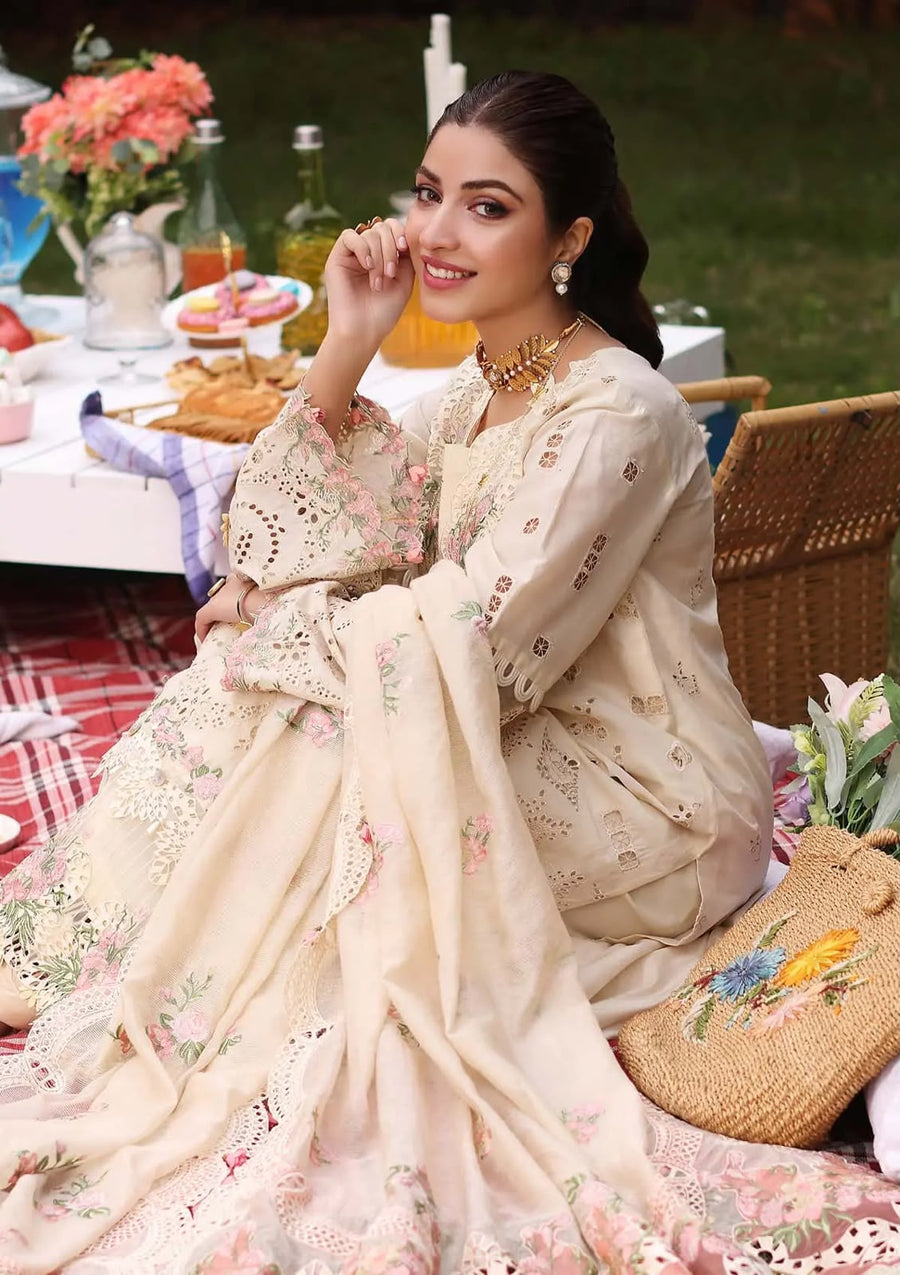 Luxury Premium Lawn Embroidered 3 Piece Suit with Cotton Net Embroidered Dupatta