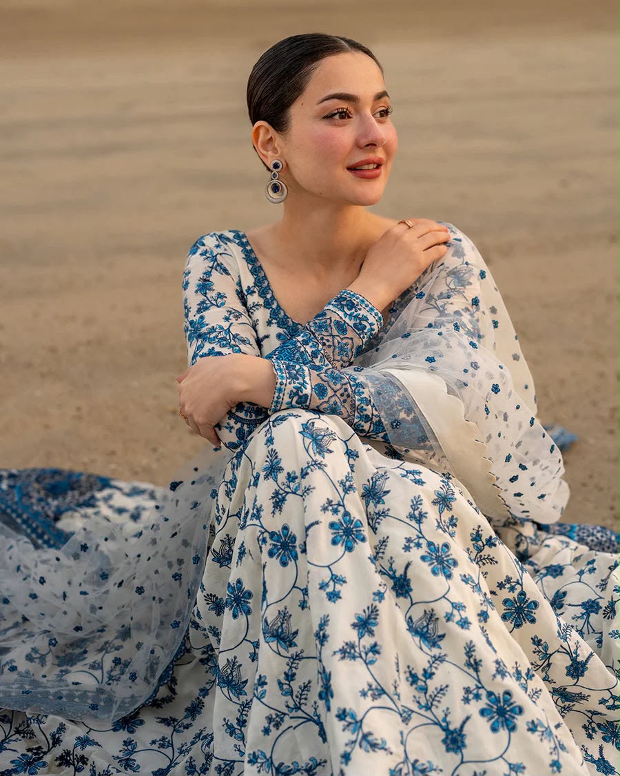 Luxury Premium Embroidered Lawn 3 Piece Frock Suit with Cotton Net Dupatta