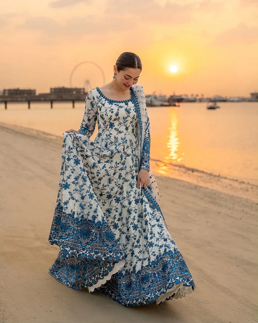 Luxury Premium Embroidered Lawn 3 Piece Frock Suit with Cotton Net Dupatta
