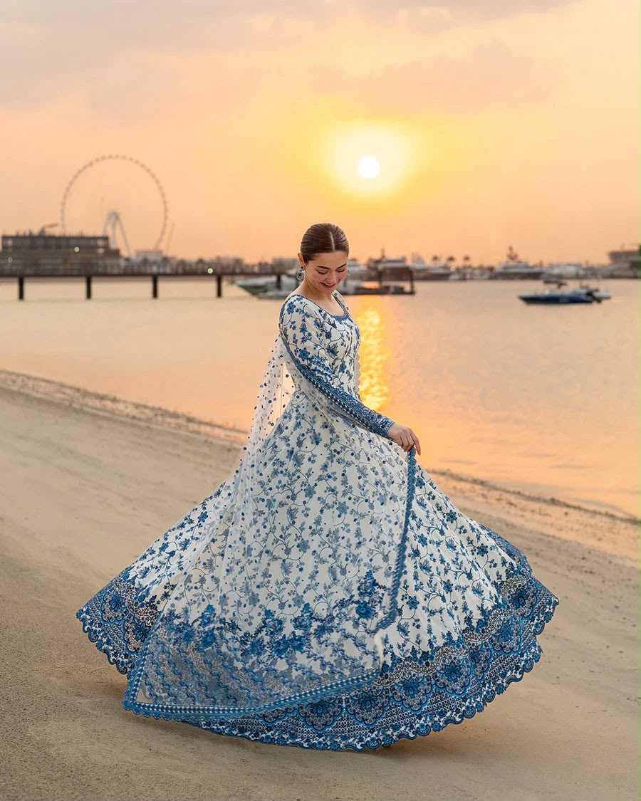 Luxury Premium Embroidered Lawn 3 Piece Frock Suit with Cotton Net Dupatta