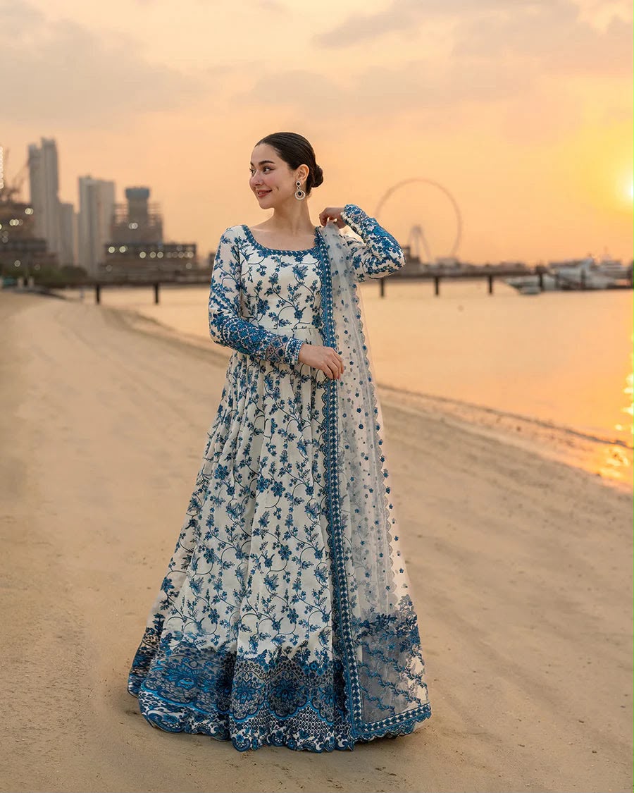 Luxury Premium Embroidered Lawn 3 Piece Frock Suit with Cotton Net Dupatta
