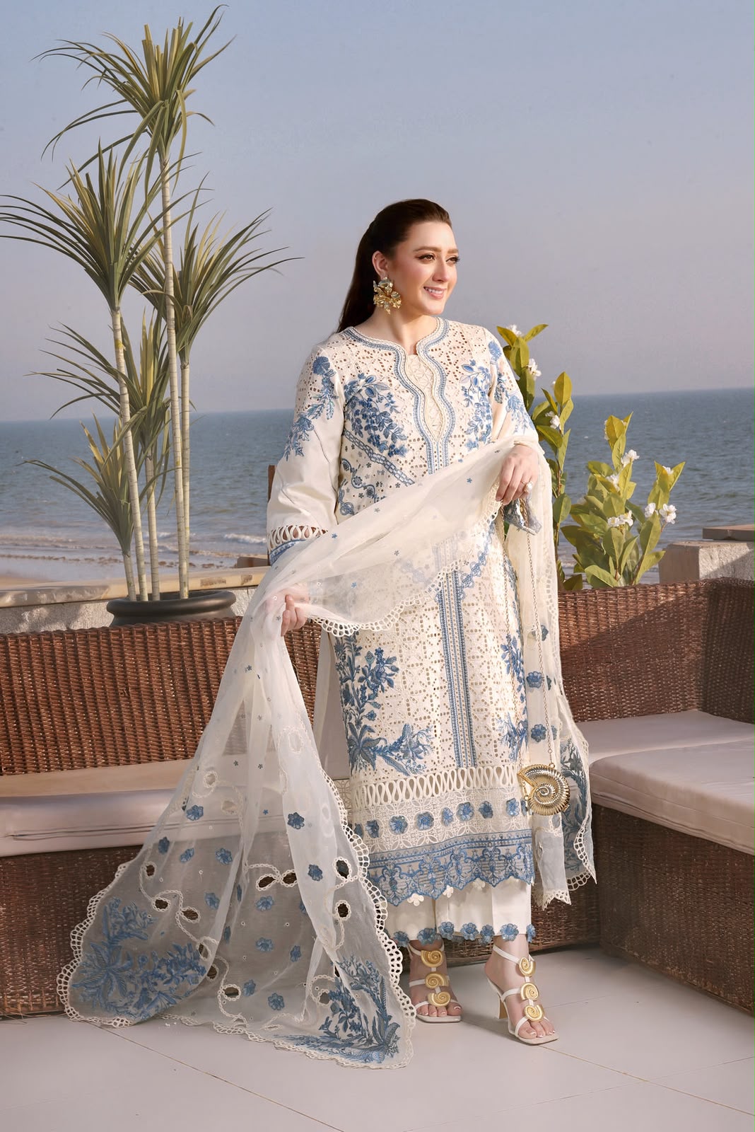 Luxury Premium Lawn Embroidered 3 Piece Suit with Cutwork Cotton Net Dupatta