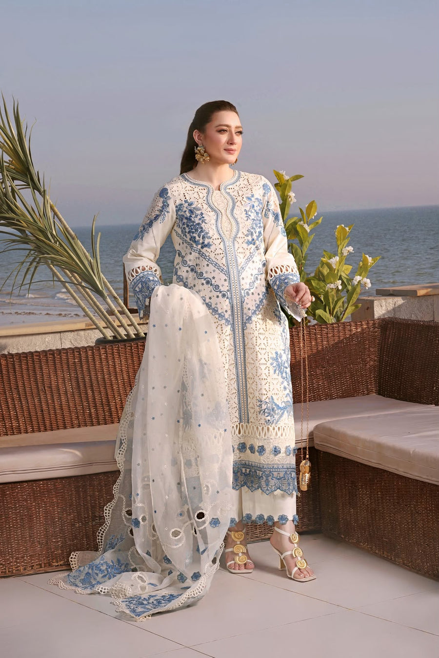 Luxury Premium Lawn Embroidered 3 Piece Suit with Cutwork Cotton Net Dupatta