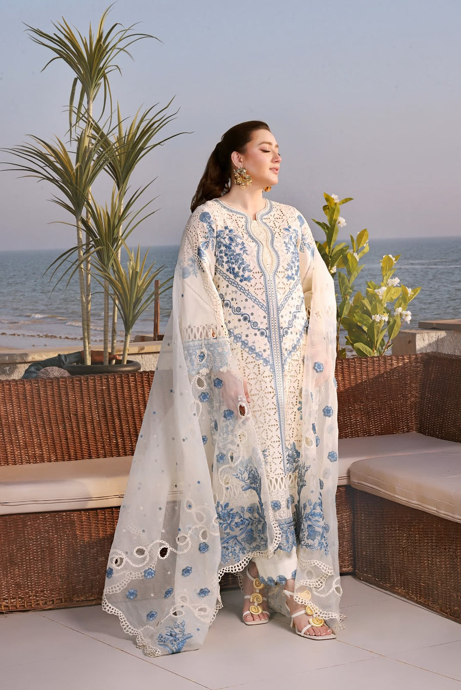 Luxury Premium Lawn Embroidered 3 Piece Suit with Cutwork Cotton Net Dupatta
