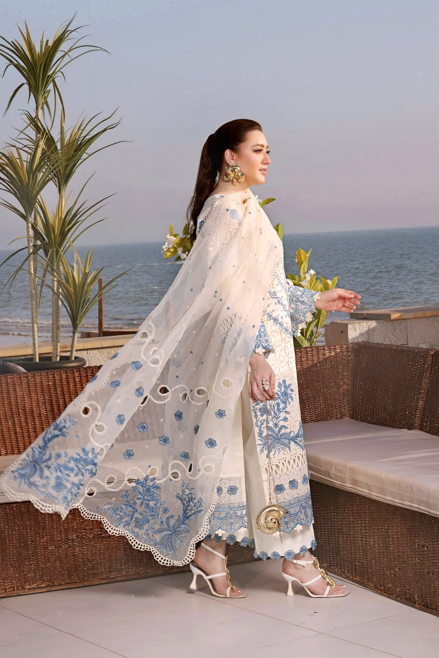 Luxury Premium Lawn Embroidered 3 Piece Suit with Cutwork Cotton Net Dupatta
