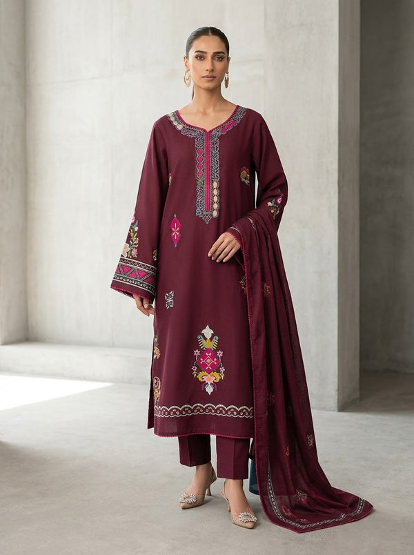 NAYAB 3-Piece Lawn Embroidery Suit – Maroon